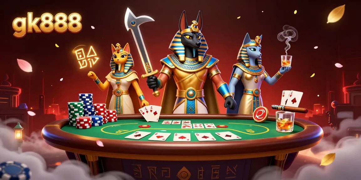 Play at gk888 with ancient warrior Anubis and priestess Bastet among vibrant poker elements.