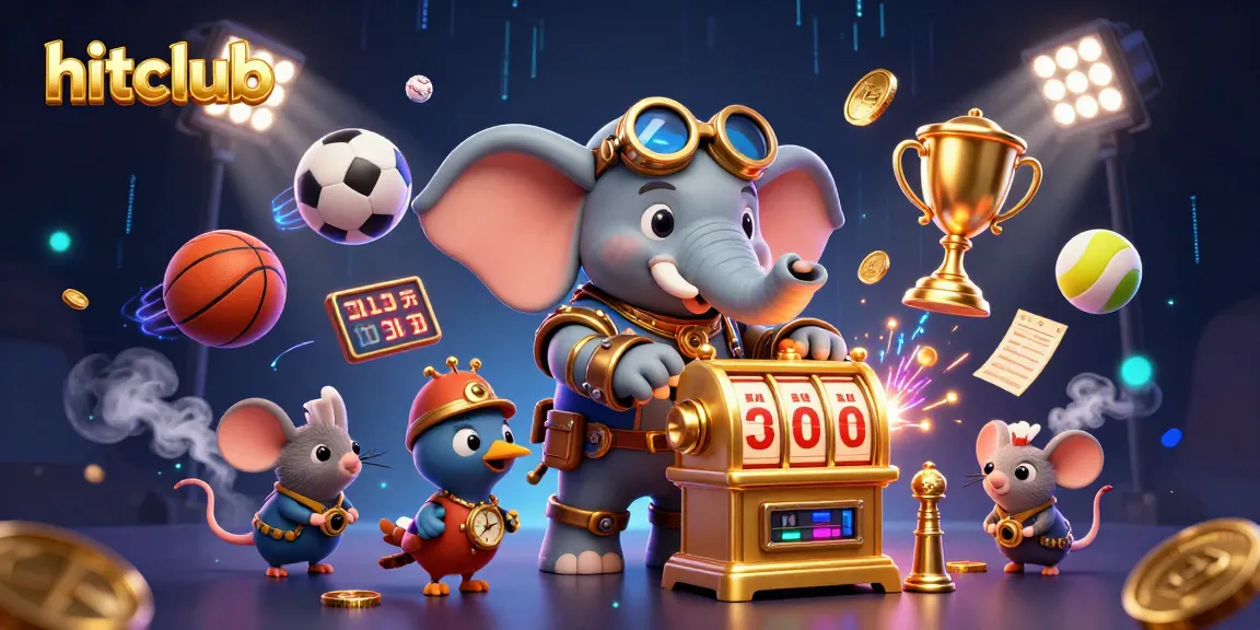 hitclub's dynamic gaming scene showcases a steampunk elephant operating a golden slot machine amidst vibrant casino elements.