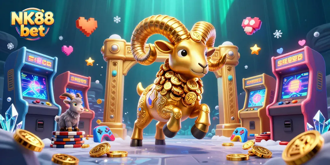 Engage in stunning NK88 bet scenes with a golden ram charging towards a gate, neon arcade elements surrounding.