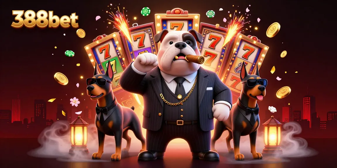 Engage in thrilling gameplay at 388bet with a vibrant casino scene featuring characters and slot machines.