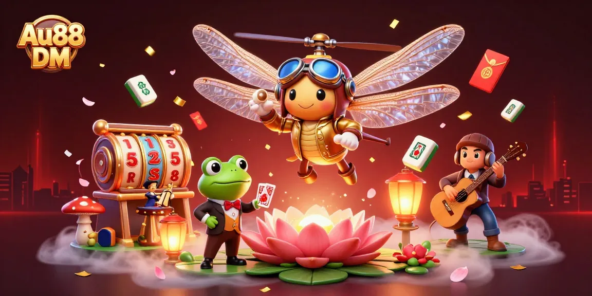 Play slots at Au88 DM while enjoying a vibrant scene of a dragonfly pilot and frog dealer.
