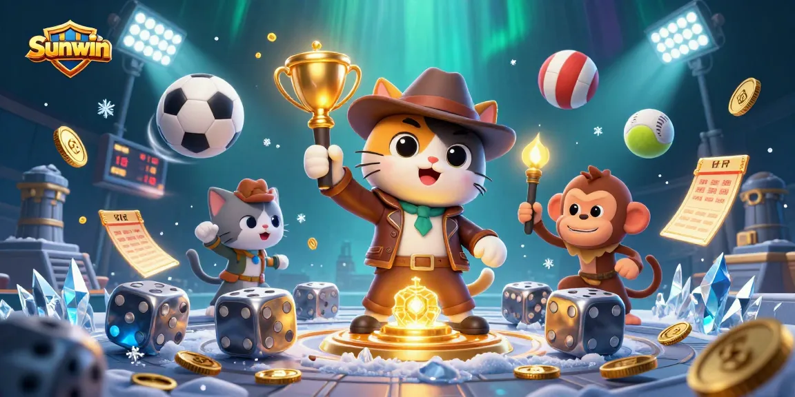 Engaging Sunwin casino experience with an archaeologist cat uncovering treasures in a vibrant scene.