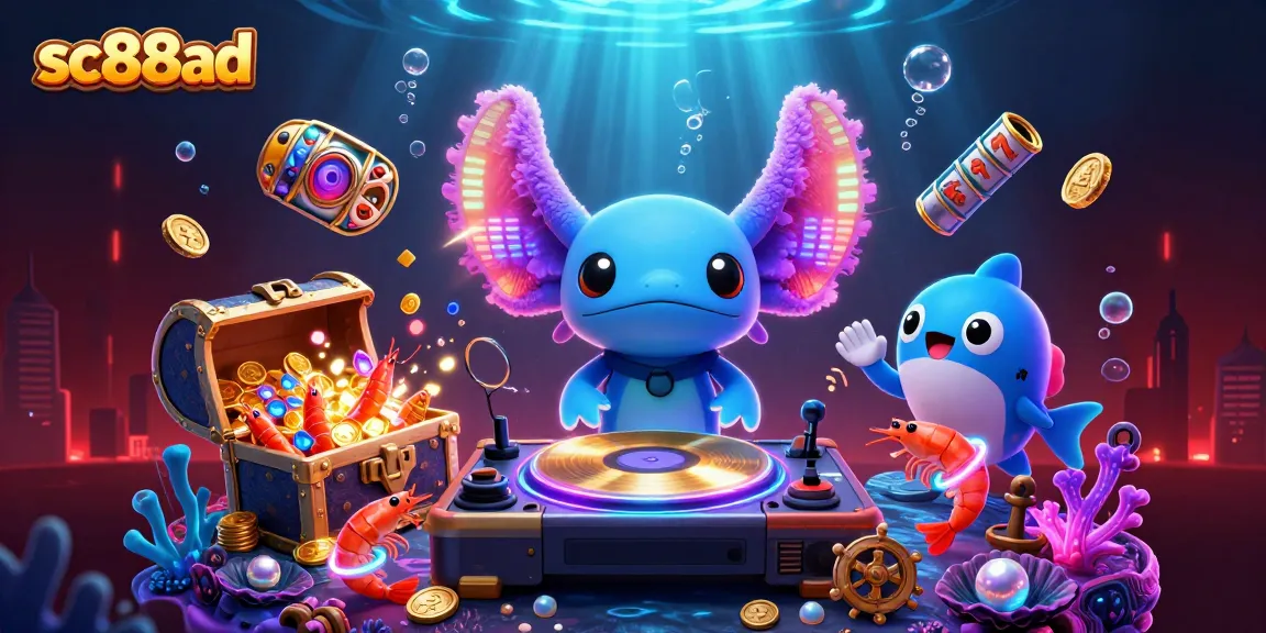 Engage with the lively scene at sc88ad featuring an axolotl DJ surrounded by colorful casino elements.