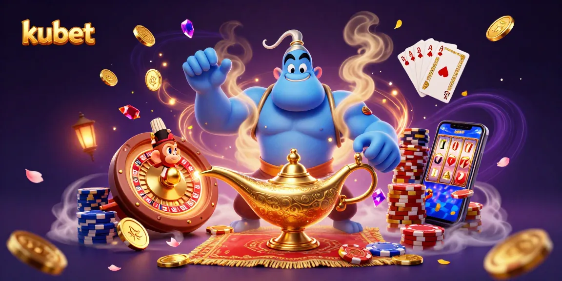 Engaging kubet casino illustration showcasing a genie, monkey, and poker elements with vibrant energy.