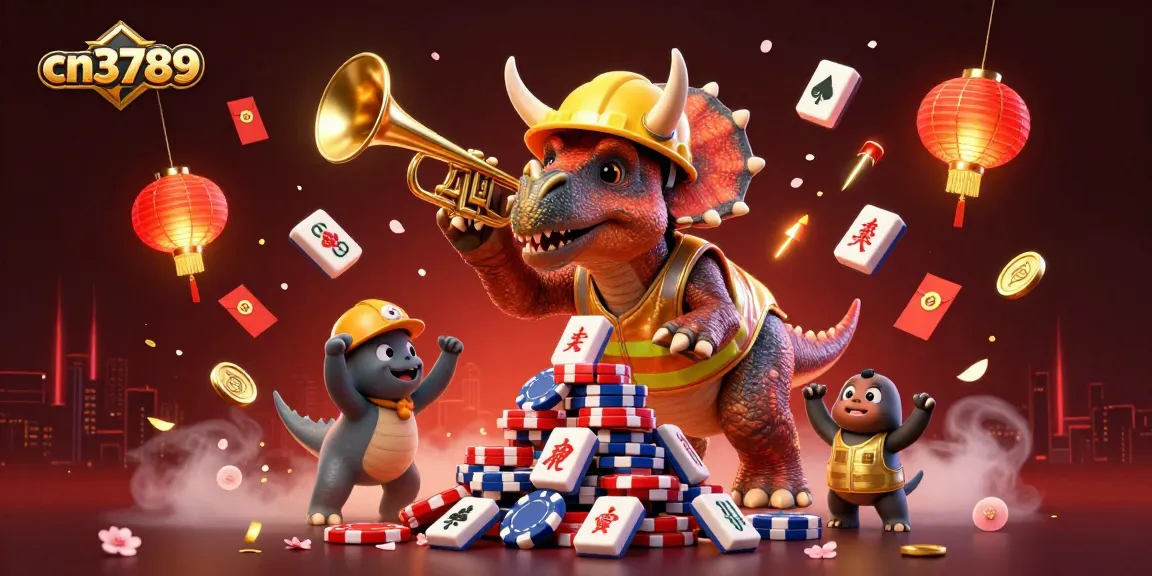 Experience the excitement with cn3789 as a triceratops builds poker chips, celebrating with joyful creatures.