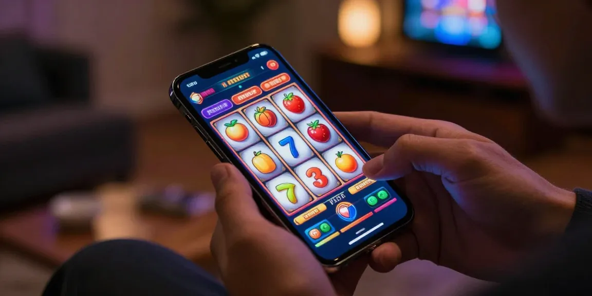 Pengguna slot gacor bermain game slot online di smartphone dengan ikon cerah.