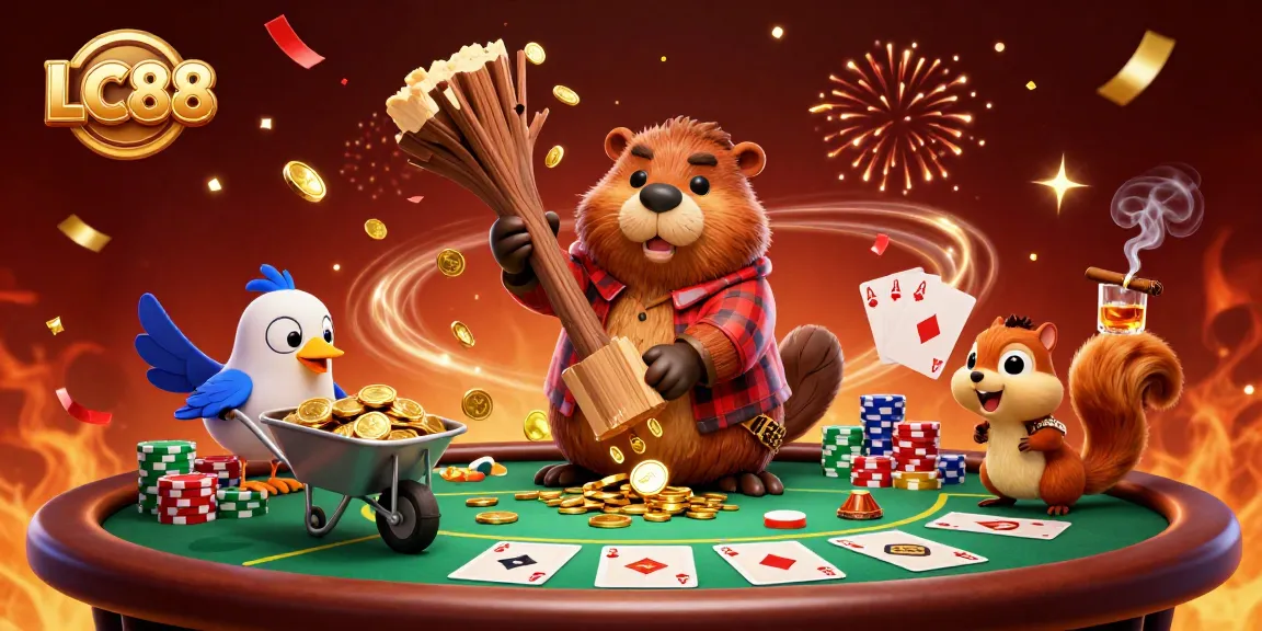 Experience the thrill of LC88 with a beaver collecting golden coins and poker elements.