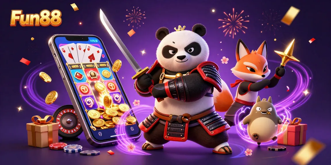 Experience excitement at Fun88 with a vibrant 3D illustration of samurai-style characters enjoying casino games.