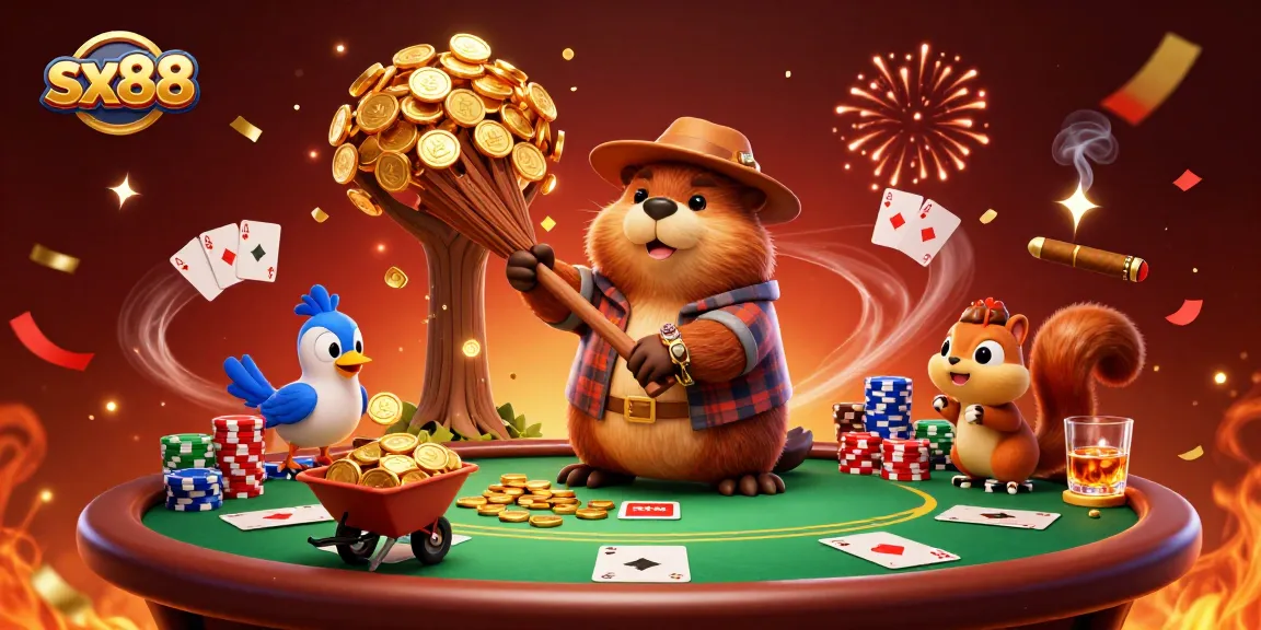 Sx88 captivates players with a lively scene of cartoon characters amidst golden coins and poker excitement.