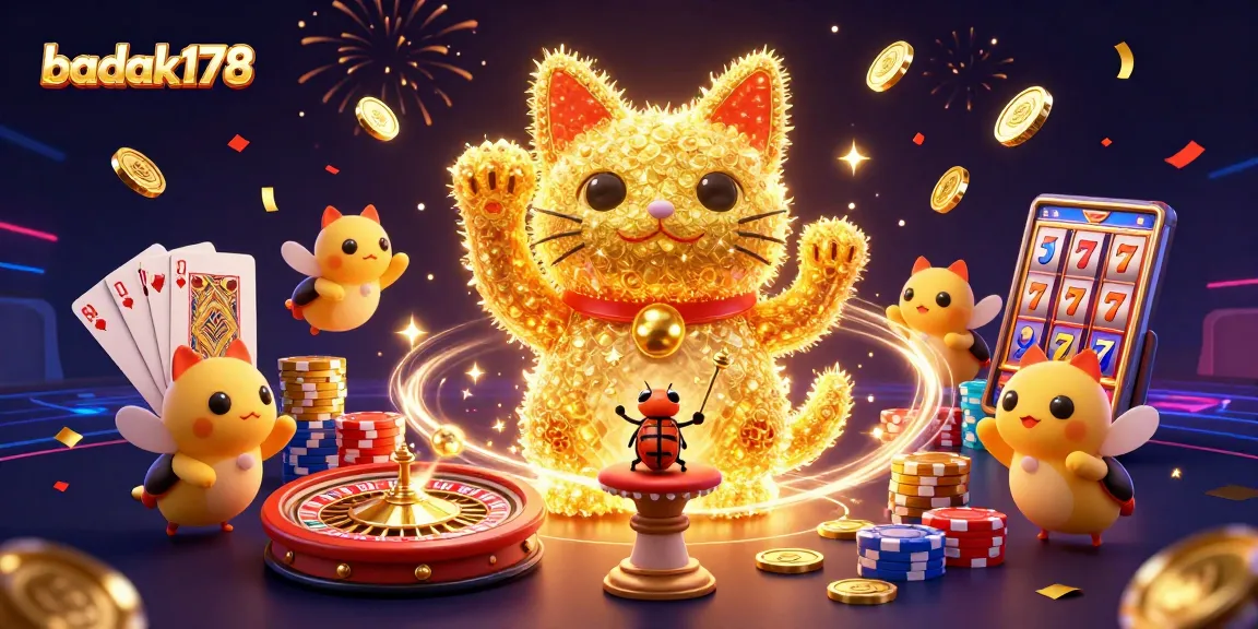 Engage with badak178's features showcasing a lucky cat and lively casino elements for gamers.