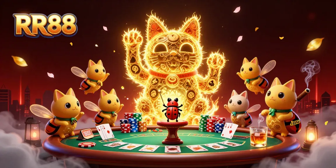Experience RR88's exciting atmosphere with dynamic casino symbols and a lucky cat in this vibrant illustration.