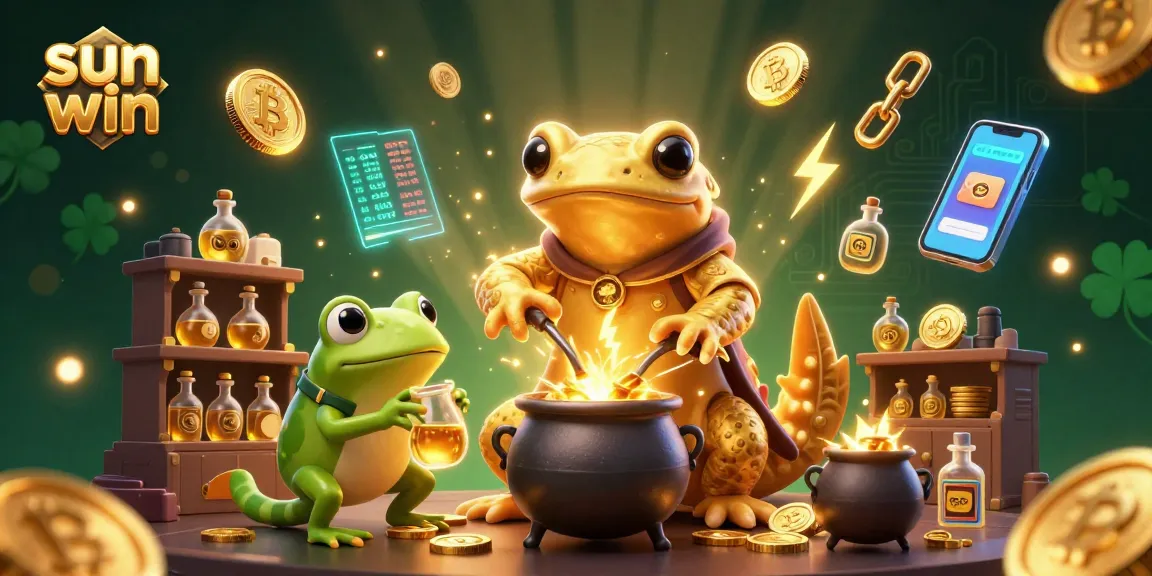 Experience sun win gaming with dynamic casino-themed illustration showcasing alchemy and cryptocurrency elements.