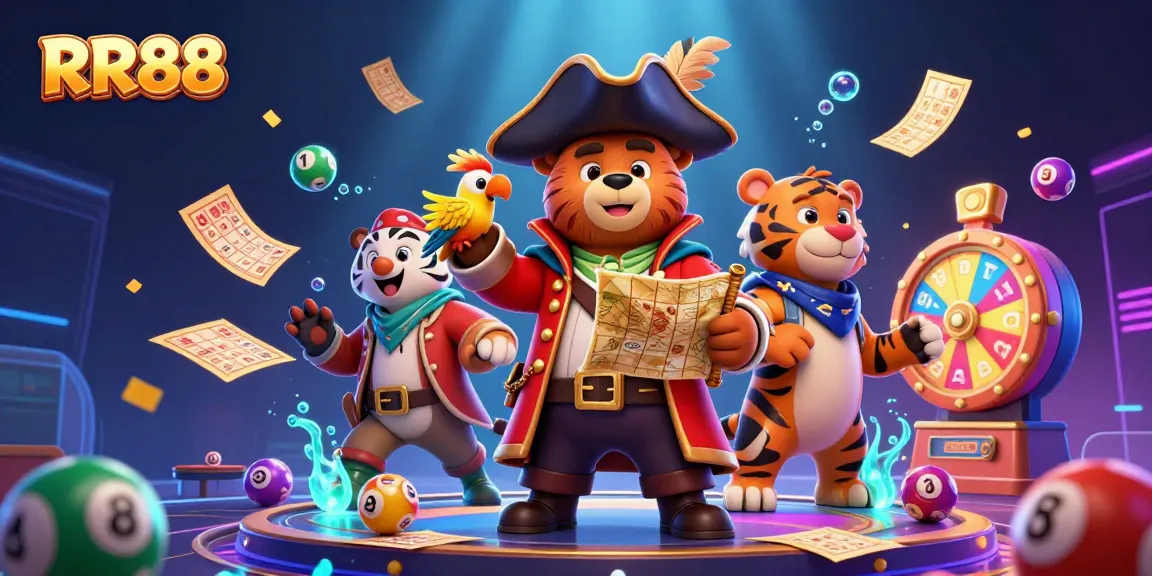 Engage with RR88's thrilling gaming scenario featuring vibrant lottery elements and lively characters.