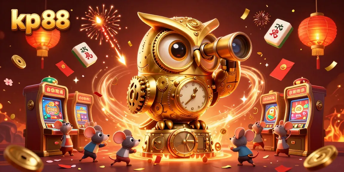 Experience the excitement of kp 88 with our lively gaming scene featuring an owl, mice, and casino icons.
