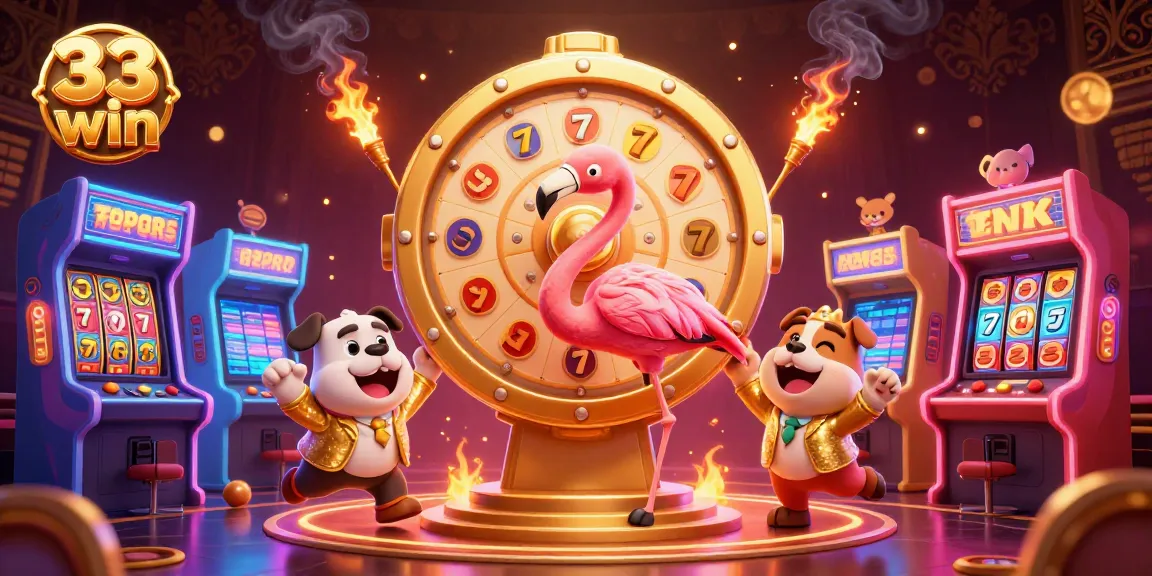Engage with 33 win through a vibrant casino scene featuring a game show host flamingo and excited contestants.